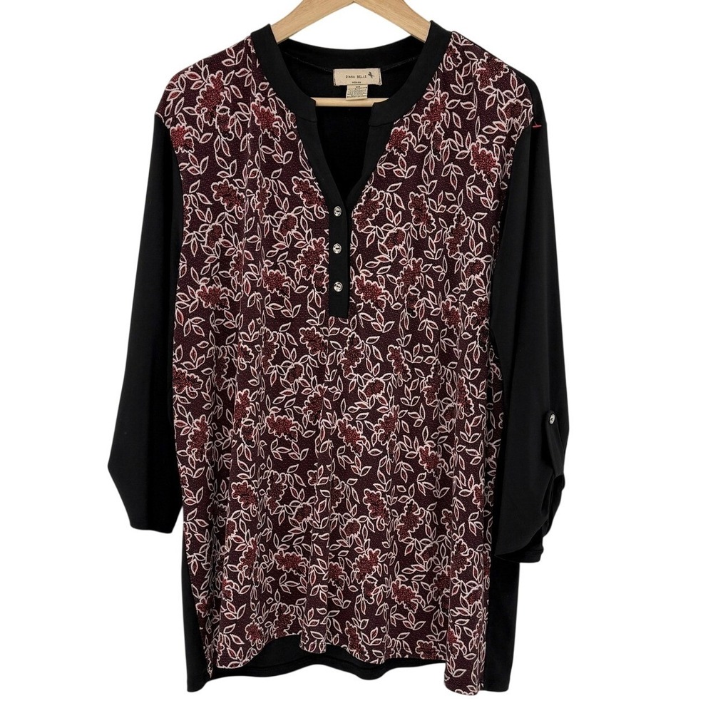 Diana Belle Woman 3X Tunic Top Black Burgundy‎ Floral Henley Roll Tab Sleeve
